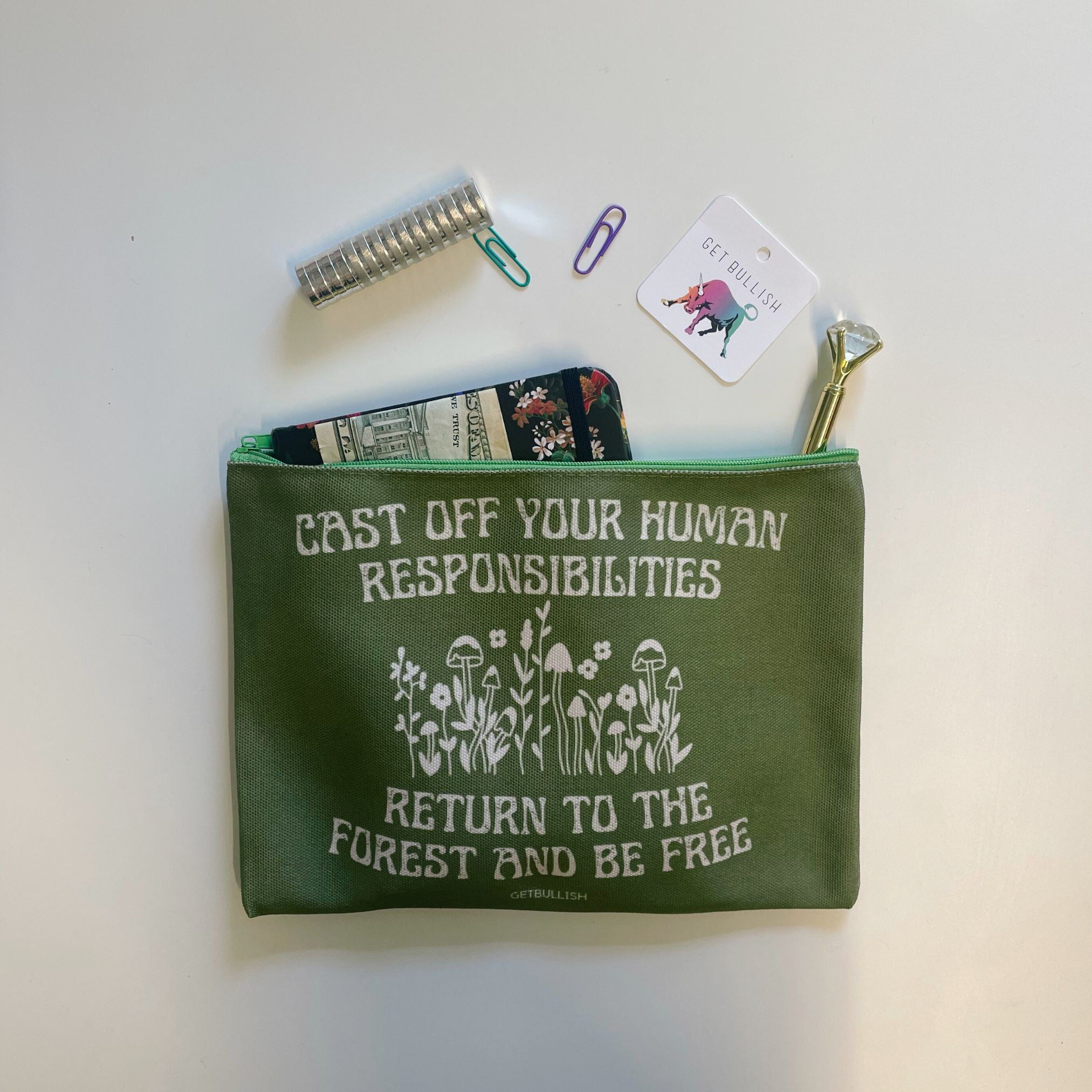 GetBullish Return to the Forest Canvas Zipper Pouch featuring a black metal theme, measuring 9.5" x 7", ideal for storing personal items.